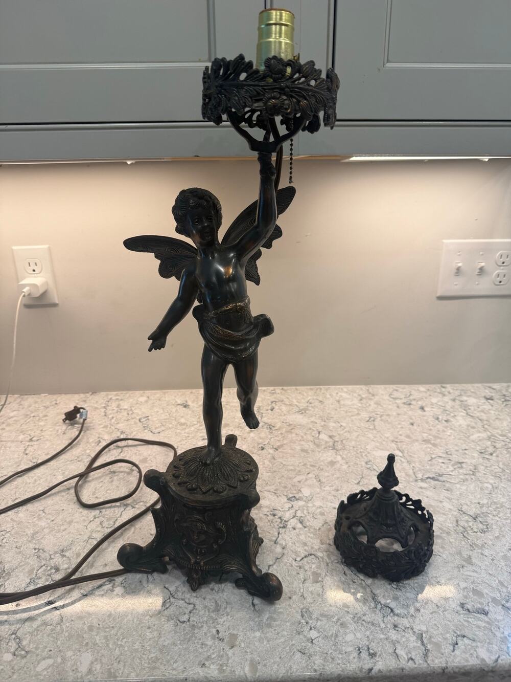 Antique Table Lamp Dark Metal Cherub Fairy Figure Works